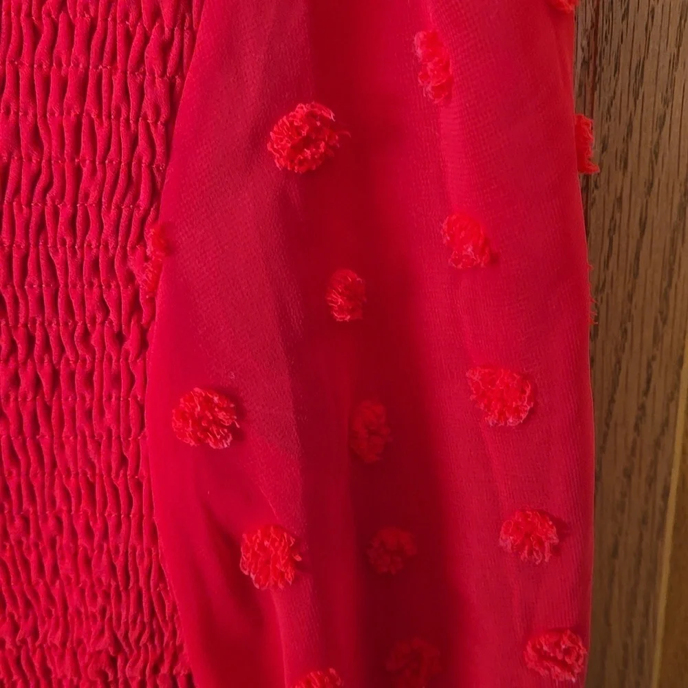 She + Sky Red Stretch Crop Top Semi Sheer Puff Sleeves w/ Popcorn Bumps Size S - Picture 4 of 10